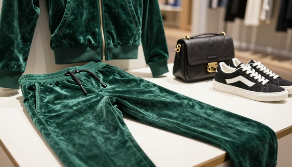 A stylish green velour tracksuit displayed on a sleek display mannequin, emphasizing its elegant cut and perfect fit. The fabric's texture is vividly showcased, highlighting the soft sheen of the velour, inviting touch. The foreground features the tracksuit with close-up details of the material and stitching, ensuring clarity in the craftsmanship. In the middle background, an assortment of chic accessories such as a trendy crossbody bag and stylish sneakers complements the tracksuit, presenting an ideal look. The setting is softly lit, creating a warm and inviting atmosphere, with a blurred urban backdrop to suggest a modern lifestyle. The angle captures the outfit dynamically, emphasizing both style and comfort.
