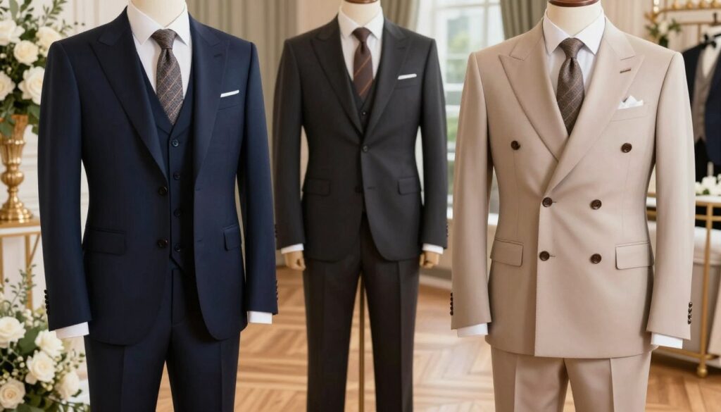 A stylish groom's suit displayed prominently in a sophisticated setting, featuring three distinct styles: a three-piece suit with a modern fit, a classic two-piece suit, and a trendy double-breasted option. The foreground showcases the suits on elegant mannequins, with rich colors like navy, charcoal, and light beige, highlighting the fabric textures and intricate tailoring. In the middle, a softly lit wooden floor creates an inviting atmosphere, while opulent wedding-themed décor subtly frames the suits, including floral arrangements and soft fabrics. The background hints at a softly blurred, luxurious wedding venue, adding depth to the scene. Warm, natural lighting enhances the richness of the suit colors, creating an elegant and sophisticated mood, perfect for wedding fashion inspiration.