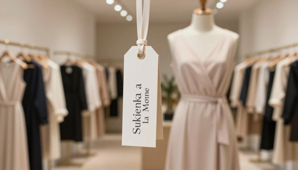 A stylish image depicting a price tag for a beautifully designed "Sukienka La Monne" dress. In the foreground, show a chic price tag elegantly styled with a soft ribbon, displaying a moderate price point, to symbolize the cost of the dress. In the middle ground, place a mannequin dressed in a sophisticated "Sukienka La Monne" dress featuring flowing fabrics and a unique silhouette. The background should be a softly blurred clothing boutique, filled with soft, warm lighting that creates an inviting atmosphere. Use a shallow depth of field to emphasize the dress and price tag as focal points, evoking a sense of elegance and contemporary fashion in a trendy retail space.