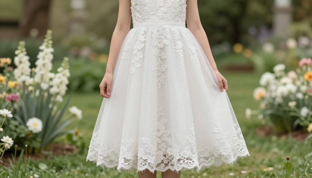 A stylish midi dress designed for a spring communion event in 2026, featuring elegant lace details and delicate floral embroidery. The dress should have a fitted bodice and a flowing skirt that falls gracefully below the knee. In the foreground, focus on the texture of the fabric under soft, natural lighting that highlights the intricate details. The model, dressed modestly and elegantly, stands in a serene garden setting filled with blooming flowers, symbolizing purity and celebration. The background consists of softly blurred greenery, creating a peaceful atmosphere. Capture the image from a slightly elevated angle to emphasize the dress and its details, evoking a sense of sophistication and calm elegance suitable for a special occasion.