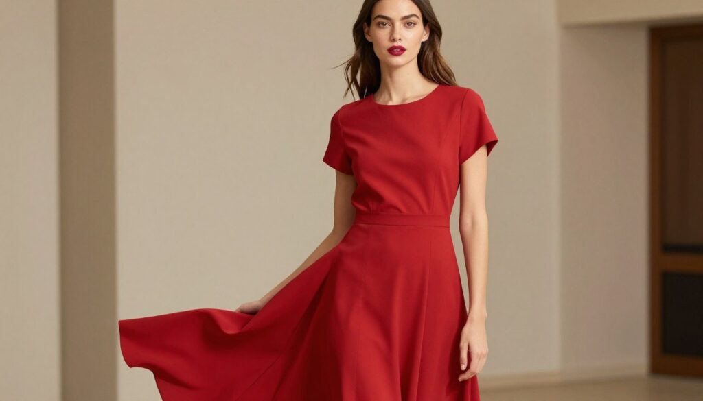 A stylish model standing gracefully in a vibrant red dress that elegantly flows down to her knees, showcasing different shades of red. The dress has a modern cut with subtle yet sophisticated details. The model has a natural and confident expression, wearing a complementary lipstick shade that harmonizes with the dress—perhaps a warm red or a soft berry tone. Bright, soft lighting highlights the textures of the fabric and the model's features, casting a gentle glow. The background is a simple, softly blurred interior setting with warm hues, enhancing the focus on the model. The atmosphere conveys a chic, fashionable vibe, perfect for illustrating the theme of matching lipstick to red hues.
