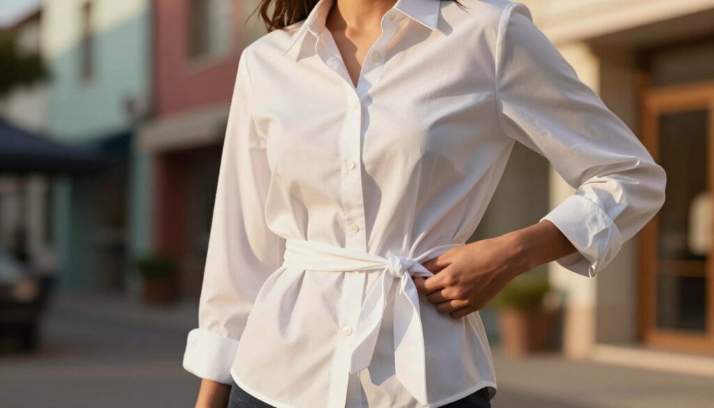 A stylish model standing in an outdoor fashion setting, showcasing various tying techniques for a blouse at different waist levels, emphasizing different silhouettes. The model wears a crisp, button-up blouse tied at the waist, highlighting her figure. The scene features natural lighting with a soft golden hour glow, creating a warm and inviting atmosphere. In the foreground, the model is the focal point, while in the background, blurred elements of a vibrant urban environment can be seen, adding depth to the image. The angle captures the model from a slight side profile with focus on her waist and the tying technique, illustrating the effect of tying position on the waist and hips.