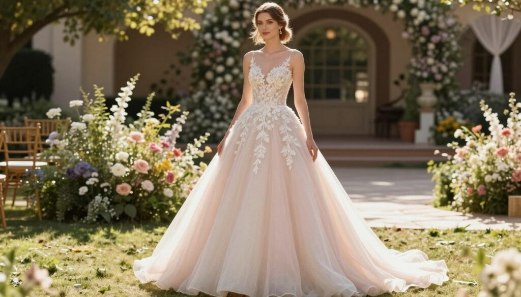 A stylish, modern bride in an elegant wedding gown, showcasing the latest bridal fashion in soft pastel colors. In the foreground, she stands gracefully, her dress flowing and the fabric delicately shimmering in natural sunlight. The middle ground features lush greenery and blossoming flowers, creating a romantic and vibrant atmosphere. The background reveals a softly blurred outdoor wedding venue with archways and decorative elements, hinting at a serene celebration. The lighting is warm and inviting, casting gentle shadows that enhance the gown's texture. The scene captures a joyful yet sophisticated mood, embodying the essence of appropriate wedding attire choices while maintaining a focus on color harmony and seasonal suitability.