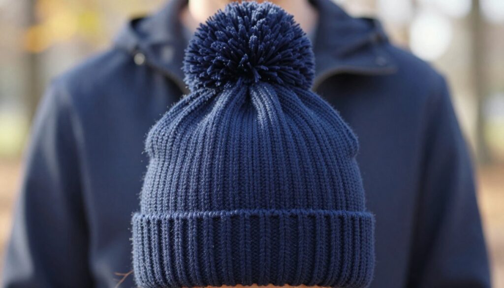 A stylish navy blue beanie with a fluffy pom-pom on top, crafted from a soft, knitted fabric. The beanie is set against a neutral outdoor background featuring a hint of autumn leaves, softly blurred to draw attention to the hat. Bright, diffused sunlight filters through the trees, casting gentle highlights on the texture of the beanie. The foreground should focus intimately on the beanie, showcasing the intricate knit pattern, while the middle ground hints at a fashionable navy jacket, which complements the hat, without showing full detail. The overall atmosphere conveys warmth and comfort, perfect for chilly days, embodying a chic, casual look suitable for various occasions.