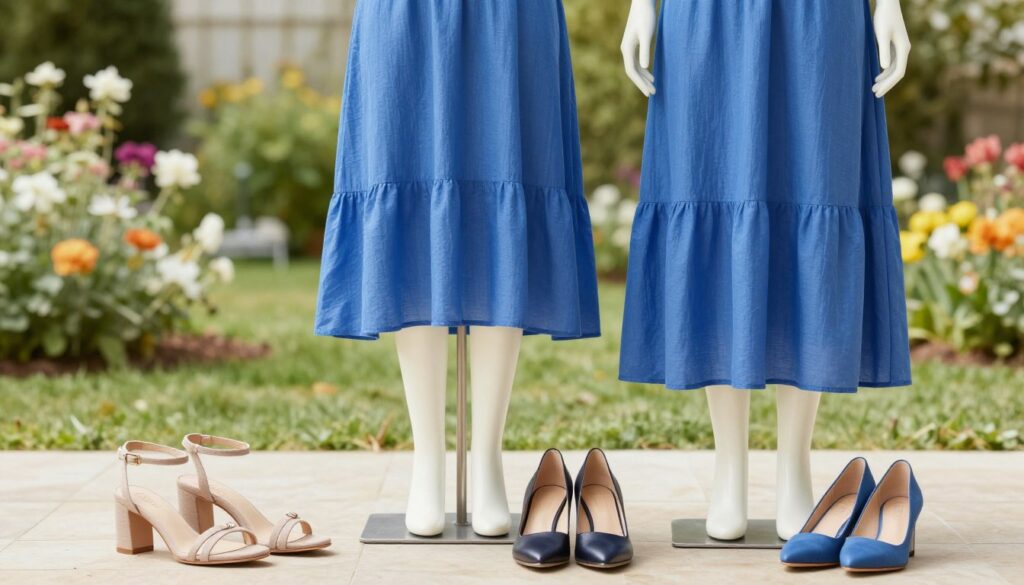 A stylish outdoor setting showcasing the seasonal choice of footwear paired with a vibrant cornflower blue dress. In the foreground, elegant shoes like strappy sandals and classic pumps are artfully arranged next to the dress, emphasizing comfort and proportion. The middle ground features a mannequin dressed in the cornflower blue dress, demonstrating various lengths — knee-length, midi, and floor-length. Soft, natural lighting fills the scene, highlighting the textures of the dress and shoes. In the background, a blurred garden with blooming flowers complements the color palette, setting a relaxed yet sophisticated atmosphere. The overall mood is fresh, inviting, and stylish, perfect for illustrating a fashionable choice of footwear for different occasions.