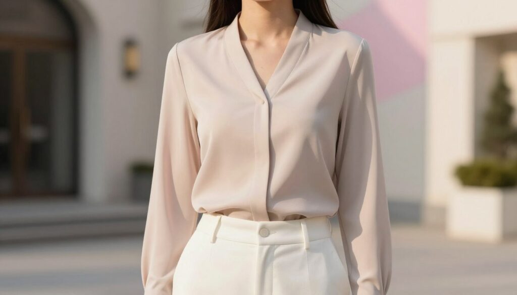 A stylish outfit showcasing the fashion of blouses suitable for white trousers, featuring a model in professional business attire. In the foreground, a well-fitted, elegant blouse in soft fabric, draped gracefully on the figure, emphasizing their silhouette and maintaining balance with the white trousers. The middle ground displays a slightly blurred but chic urban setting, hinting at an upscale environment, while the background softly fades into a pastel hue representing a bright day. The lighting is warm and inviting, casting gentle shadows that highlight the textures of the clothing. Capture this scene from a slightly elevated angle, ensuring the focus remains on the blouse's design and how it complements the trousers, creating an air of sophistication and refinement.
