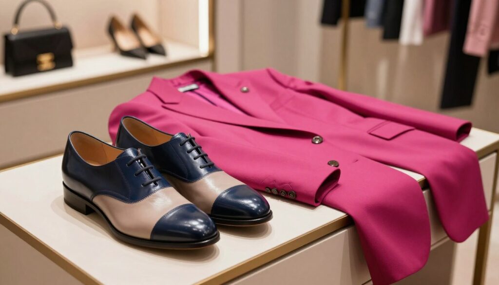 A stylish pair of shoes placed elegantly beside a vibrant fuchsia suit on a sophisticated dressing table. The foreground features polished leather shoes in contrasting colors like navy blue or soft beige, embodying stylish elegance. In the middle, the fuchsia suit drapes smoothly over the table, spotlighting its rich fabric and texture, while a softly folded inner lining adds depth. The background shows a softly blurred boutique setting with stylish accessories and hangers, creating an upscale atmosphere. Warm, ambient lighting accentuates the colors and textures, casting gentle shadows, evoking a sense of sophistication and modern fashion. The scene is designed to inspire a polished and curated look appropriate for formal occasions, without any text or additional distractions.