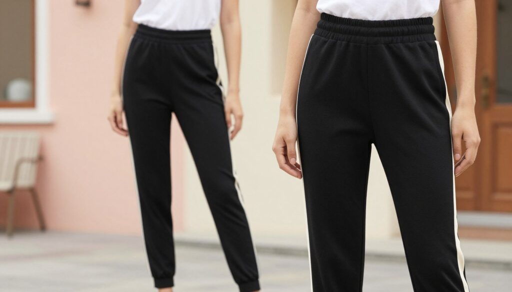A stylish pair of women's tracksuit pants (dresy damskie) in black with chic side stripes (lampasy) enhances the figure. The foreground features a close-up of the pants, highlighting their sleek design and how they drape elegantly. In the middle ground, a woman in modest, casual attire models the tracksuit, showcasing confidence and sophistication. The background is softly blurred, featuring a cozy urban setting with pastel colors, reflecting the calming mood of the section. Soft, natural lighting illuminates the scene, creating a warm atmosphere. The angle captures the outfit from slightly above, emphasizing both the beauty of the pants and the model’s posture, conveying a sense of style that is slim and elegant.