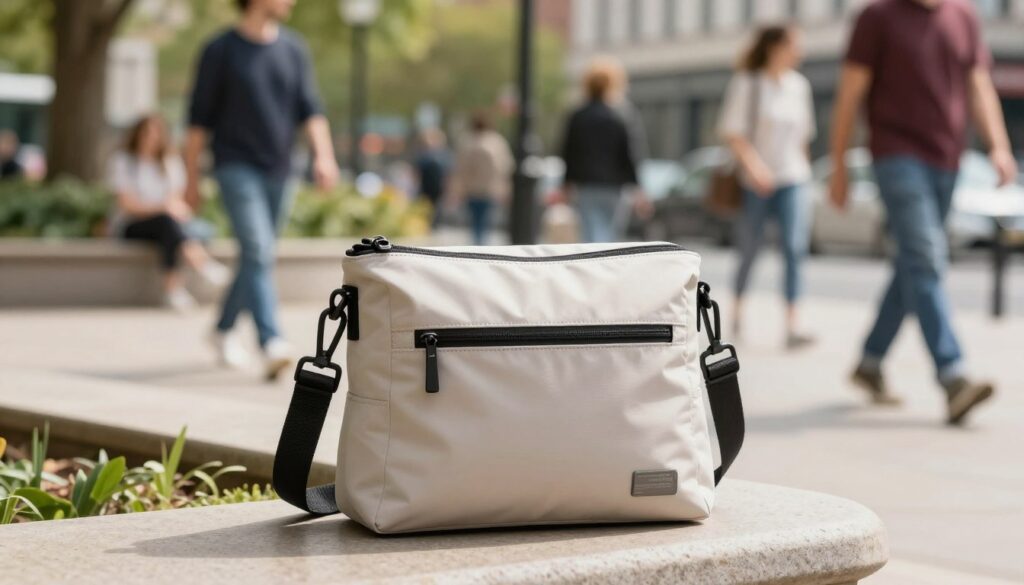 A stylish, practical bag designed for everyday sporty elegance, positioned in the foreground. The bag should be a fashionable crossbody style, made from high-quality fabric, featuring sleek lines and subtle branding. In the background, a casual urban setting like a park or a city street with people dressed in casual, modest attire, showcasing a harmonious blend of activity and leisure. The lighting should be soft and natural, suggesting a bright, sunny day, highlighting the bag's features and texture. Use a shallow depth of field to keep the focus on the bag while slightly blurring the background. The overall mood should be vibrant and refreshing, capturing the essence of a chic yet practical accessory for a sporty lifestyle.