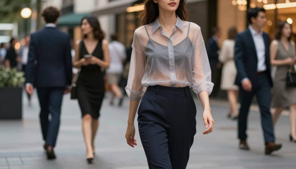 A stylish scene capturing the versatility of a sheer blouse in a professional and casual setting. In the foreground, a woman is wearing a fashionable, translucent blouse layered over a chic, understated camisole. Her outfit is complemented by tailored trousers and elegant flats, exuding a blend of sophistication and comfort. In the middle ground, showcase a vibrant city street with subtle hints of evening lighting, glowing softly, inviting a social atmosphere. Include elegantly dressed individuals walking by, representing various occasions - work, casual outings, and evening gatherings. The lighting should be warm, suggesting a late afternoon transition into the evening, with a shallow depth of field to create a focused and inviting image. The overall mood is stylish, confident, and effortlessly fashionable. A stylish scene capturing the versatility of a sheer blouse in a professional and casual setting. In the foreground, a woman is wearing a fashionable, translucent blouse layered over a chic, understated camisole. Her outfit is complemented by tailored trousers and elegant flats, exuding a blend of sophistication and comfort. In the middle ground, showcase a vibrant city street with subtle hints of evening lighting, glowing softly, inviting a social atmosphere. Include elegantly dressed individuals walking by, representing various occasions - work, casual outings, and evening gatherings. The lighting should be warm, suggesting a late afternoon transition into the evening, with a shallow depth of field to create a focused and inviting image. The overall mood is stylish, confident, and effortlessly fashionable.