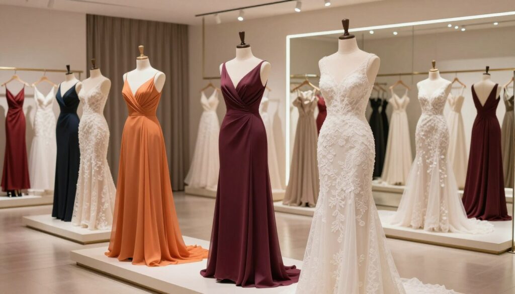 A stylish scene showcasing trendy wedding dresses for 2026, featuring an elegant, modern design with a flattering silhouette suitable for a sophisticated woman in her 40s. In the foreground, highlight a selection of various dresses on display, displaying a range of vibrant colors and textures, such as flowing chiffon and delicate lace. The middle ground should capture a chic boutique environment with soft, diffused lighting illuminating the dresses, creating a warm and inviting atmosphere. In the background, a well-curated wall of mirrors reflects the dresses, enhancing the sense of elegance and luxury. The overall mood is one of modern sophistication, capturing the essence of current wedding fashion trends.