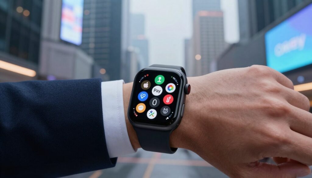 A stylish smartwatch displaying a digital wallet interface, featuring various payment app icons such as Apple Pay and Google Pay, vividly illuminated. In the foreground, the watch is worn by a person in professional business attire, showing a close-up of their wrist. The background reveals a sleek, modern urban environment, emphasizing technological advancement with skyscrapers and digital billboards. Soft, ambient lighting creates a futuristic atmosphere, while the focus is on the seamless integration of the wallet within the watch. Capture the essence of convenience and innovation in 2025, highlighting how this technology transforms daily transactions.