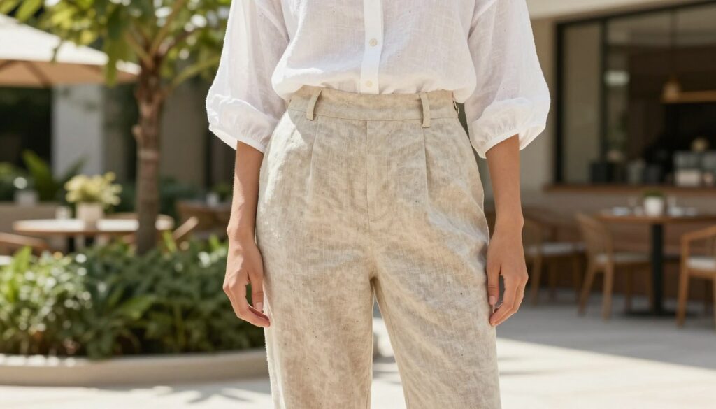 A stylish summer outfit featuring linen trousers, showcasing a casual yet elegant vibe. In the foreground, a model is wearing light beige linen trousers paired with a soft white blouse, emphasizing natural fabrics. The blouse has delicate details, like loose sleeves and a relaxed fit for breathability. In the middle ground, lush greenery and a sunlit patio create a warm, inviting atmosphere, hinting at an outdoor summer gathering. The background features a softly blurred view of a modern, airy café setting, enhancing the smart casual theme. Bright, natural lighting highlights the textures of the linen and the serenity of the scene, evoking a carefree summer mood. The model stands in a confident pose, exuding a sense of effortless style.