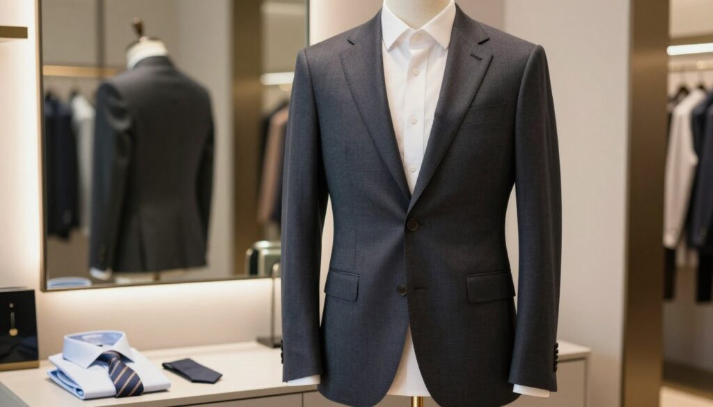 A stylish, tailored single-breasted blazer displayed on a mannequin, emphasizing its sophisticated design with attention to detail. The blazer features two buttons, showcasing a perfectly fitted silhouette that flatters the figure. In the foreground, a pair of elegantly folded shirts and ties complement the blazer, hinting at various styling options. The middle ground includes a minimalist dressing table with a mirror, softly reflecting the blazer. The background is an airy, modern boutique setting with neutral tones and elegant lighting that casts a warm glow, enhancing the professional atmosphere. The lighting is soft and diffused, with a focus on the blazer, creating a polished look that aligns with the theme of proper styling and fit.
