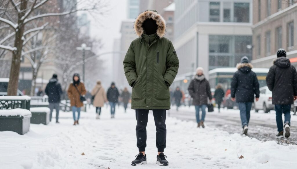 A stylish urban parka designed for winter, displayed in a snowy cityscape. In the foreground, a fashionable individual wearing a cozy, hip-length parka with a fur-lined hood, paired with sporty joggers and trendy sneakers. The parka is a deep olive green, showcasing its water-resistant fabric and subtle details like zippers and pockets. In the middle ground, bustling city streets partially covered in snow, with people dressed in various winter outfits, creating a lively atmosphere. The background features modern buildings, partially obscured by falling snowflakes, creating a serene winter vibe. Soft, diffused lighting captures the tranquillity of a chilly day, emphasizing the practicality and style of the parka, ideal for wind and rain.