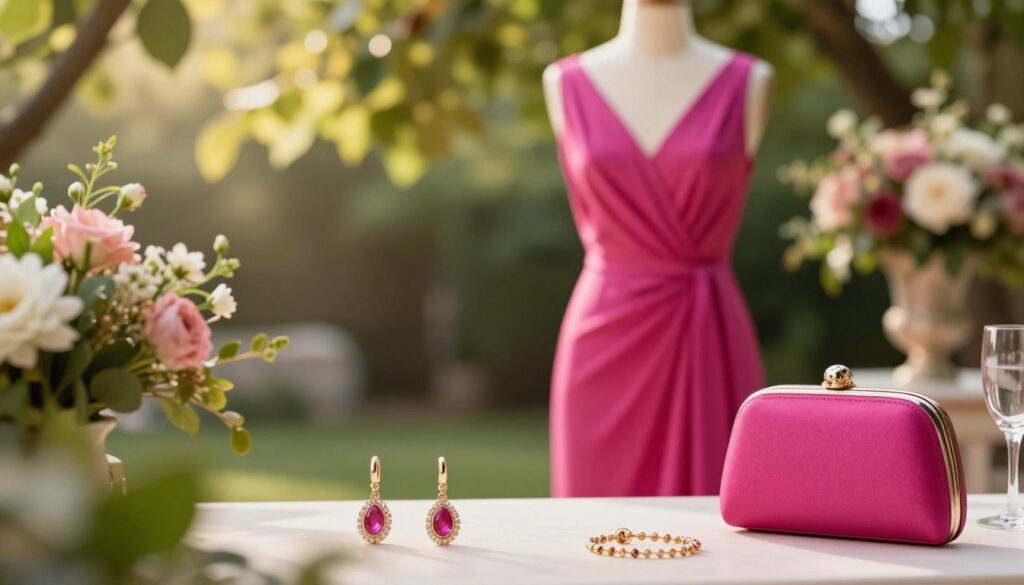 A stylish wedding scene featuring elegant accessories designed to complement a fuchsia dress for summer events. In the foreground, showcase a beautifully arranged selection of jewelry, including statement earrings, a delicate bracelet, and a chic clutch, all harmonizing with the vibrant fuchsia tone. The middle ground features a gracefully draped fuchsia dress on a mannequin, surrounded by lush greenery and floral arrangements that evoke a festive atmosphere. The background should have soft, warm lighting filtering through the leaves, creating a dreamy, inviting ambiance. Use a shallow depth of field to focus on the accessories while softly blurring the background, enhancing the overall elegance and sophistication of the scene.