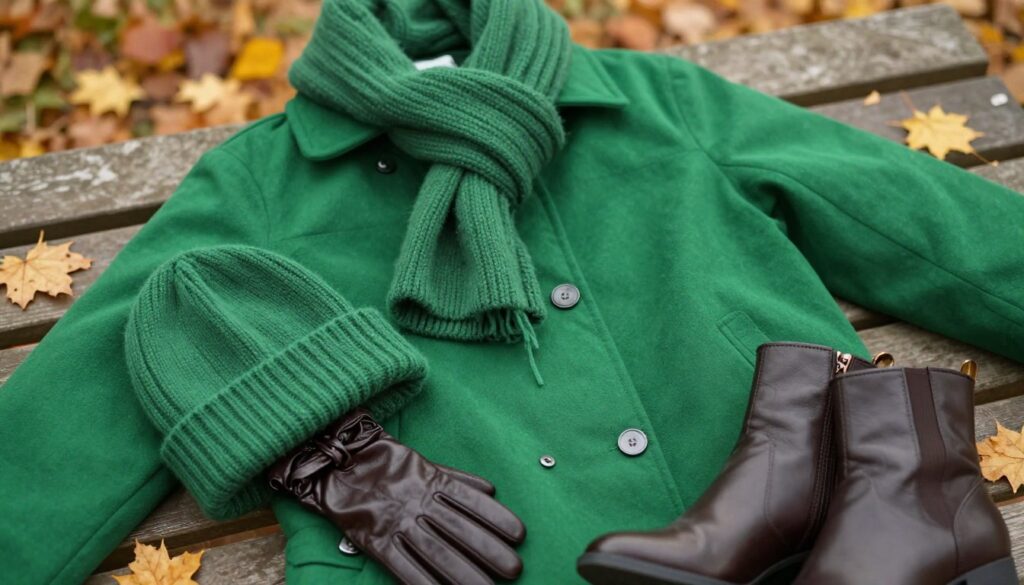 A stylish, well-coordinated ensemble featuring a vibrant green jacket in focus, paired with a cozy scarf, matching gloves, and trendy footwear. The foreground displays elegant accessories: a soft knit beanie harmonizing with the scarf colors, alongside sleek leather gloves and chic ankle boots. The middle ground showcases a subtle blurred view of a seasonal outdoor setting, adorned with autumn leaves to evoke a warm and inviting atmosphere. Soft, natural lighting casts a gentle glow across the scene, enhancing the texture of the clothing. Utilize a portrait lens effect to bring out intricate details in the fabric textures, with the camera angle slightly tilted to impart a dynamic perspective, conveying the essence of cohesive styling. The mood is fashionable and inviting, perfect for autumn outings.