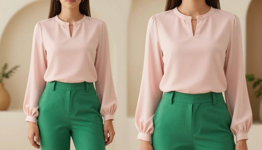 A stylish, well-tailored blouse in soft pastel colors, elegantly draped and paired with vibrant green trousers. The blouse features a sophisticated cut, with flowing sleeves and a refined neckline, complementing the rich green of the pants. The foreground shows the blouse in detail, capturing the fabric texture and subtle color variations. In the middle ground, showcase a model wearing the outfit, standing confidently with a slight turn that highlights the proportions of the ensemble. The background is softly blurred, featuring a warm, neutral-toned environment that enhances the colors of the clothing. The lighting is soft and natural, imbuing the scene with a cheerful and uplifting mood, ideal for fashion inspiration.
