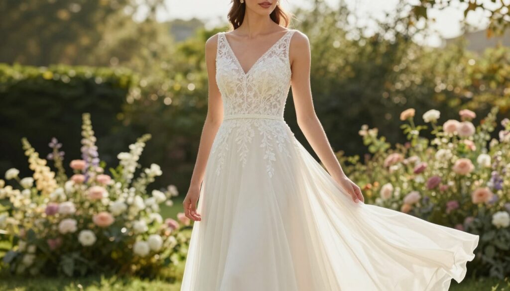 A stylish woman wearing a modest wedding dress featuring a flattering V-neckline, beautifully accentuating her shoulders and neck. She stands confidently in an elegant outdoor setting, surrounded by lush greenery and soft pastel flowers, creating a relaxed yet sophisticated atmosphere. The dress is flowing and light, complementing her figure without being revealing, and has delicate lace details that add a touch of sophistication. The lighting is soft and natural, as if bathed in late afternoon sunlight, enhancing the overall beauty of the scene. The angle is slightly from below, capturing her grace and the flowing fabric of the dress. The image should evoke a sense of elegance and comfort, perfect for showcasing flattering dress styles for special occasions. A stylish woman wearing a modest wedding dress featuring a flattering V-neckline, beautifully accentuating her shoulders and neck. She stands confidently in an elegant outdoor setting, surrounded by lush greenery and soft pastel flowers, creating a relaxed yet sophisticated atmosphere. The dress is flowing and light, complementing her figure without being revealing, and has delicate lace details that add a touch of sophistication. The lighting is soft and natural, as if bathed in late afternoon sunlight, enhancing the overall beauty of the scene. The angle is slightly from below, capturing her grace and the flowing fabric of the dress. The image should evoke a sense of elegance and comfort, perfect for showcasing flattering dress styles for special occasions.