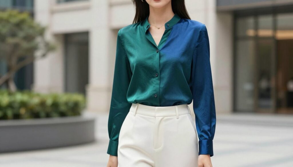 A stylish woman wearing a sophisticated blouse, elegantly paired with white trousers, stands confidently in an upscale urban setting. The blouse features an eye-catching, rich color, perhaps deep emerald or royal blue, showcasing luxurious fabric with subtle textures. The background blends a soft-focused modern architecture scene with greenery, creating an inviting atmosphere. Soft, natural lighting bathes the scene, highlighting the woman's poised demeanor and the premium quality of the outfit. A shallow depth of field draws attention to the intricate details of the blouse while softly blurring the surroundings. The overall mood is refined and fashionable, capturing the essence of upscale attire that impresses, suitable for a chic day out or a professional setting.