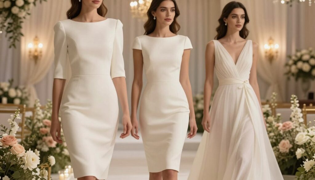 A stylish woman with wide shoulders is elegantly posed in a softly lit setting, showcasing three different dress styles that balance her silhouette. The foreground features the woman, wearing a fitted, knee-length dress with structured sleeves that soften her shoulders. A second dress design, flowing and cinched at the waist, drapes gracefully next to her, emphasizing an hourglass shape. The background is a tastefully decorated wedding venue, adorned with delicate floral arrangements and soft drapery, creating a romantic atmosphere. The light filters in gently, casting a warm glow on the scene. The composition is shot from a slightly low angle to highlight the figure and dress details, creating a sophisticated and inviting mood that resonates with wedding fashion. A stylish woman with wide shoulders is elegantly posed in a softly lit setting, showcasing three different dress styles that balance her silhouette. The foreground features the woman, wearing a fitted, knee-length dress with structured sleeves that soften her shoulders. A second dress design, flowing and cinched at the waist, drapes gracefully next to her, emphasizing an hourglass shape. The background is a tastefully decorated wedding venue, adorned with delicate floral arrangements and soft drapery, creating a romantic atmosphere. The light filters in gently, casting a warm glow on the scene. The composition is shot from a slightly low angle to highlight the figure and dress details, creating a sophisticated and inviting mood that resonates with wedding fashion.