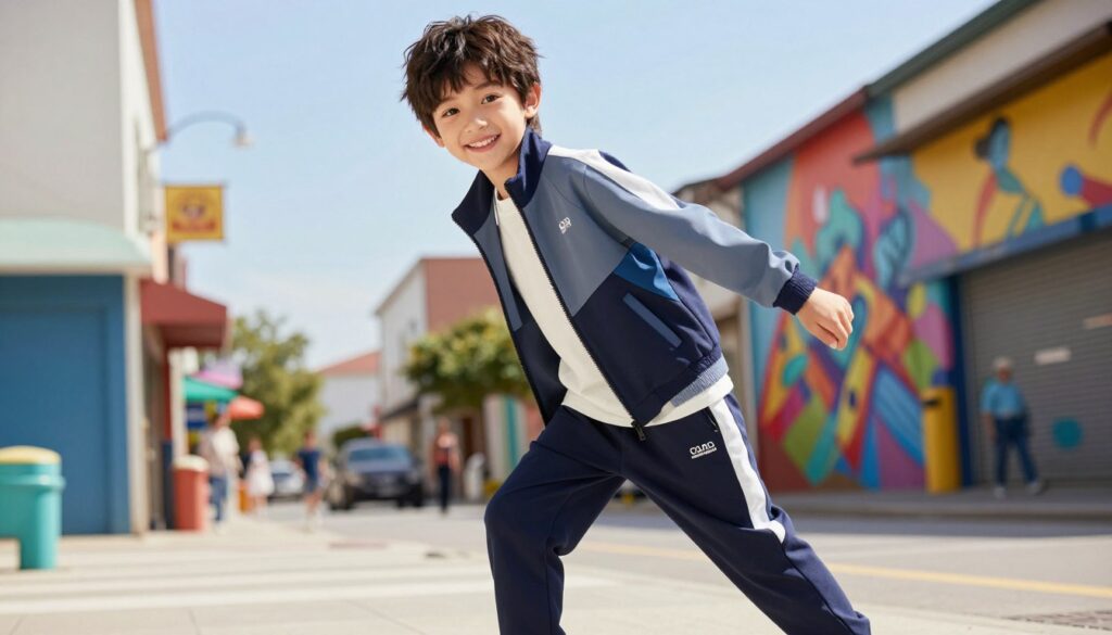 A stylish young boy around 6-8 years old, wearing modern and trendy tracksuit attire. He is posing confidently in a vibrant urban environment, showcasing the fit and length of the tracksuit. The foreground features the boy, with a bright smile and a dynamic pose that highlights the flexibility of the outfit. The middle ground includes colorful street art and busy streets, creating a lively backdrop. In the background, a sunny day with clear blue skies enhances the energetic mood. Use soft, natural lighting to create an inviting atmosphere, with a shallow depth of field to focus on the boy while the background art becomes a colorful blur. The overall feel should be fresh, modern, and playful, encapsulating the spirit of youth fashion.