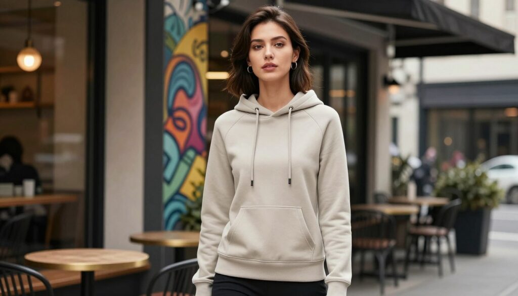 A stylish young woman wearing a fitted hoodie, showcasing a blend of sporty and casual elegance. The hoodie should feature a modern kangaroo pocket and minimalistic design elements, emphasizing versatility for various occasions. She stands in a chic urban environment, with soft natural light highlighting her outfit and creating a warm atmosphere. In the foreground, the focus is on her confident stance, while the middle ground captures stylish street art and trendy café details to set the scene. The background includes gentle, blurred cityscape elements, enhancing the urban vibe without overpowering the subject. The image conveys a sense of effortless style and comfort.