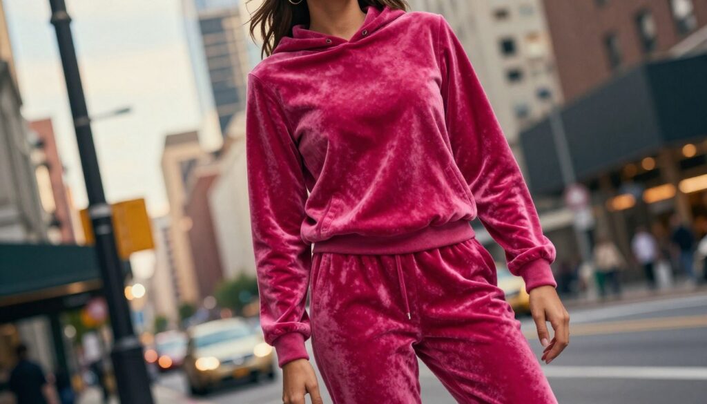 A stylishly dressed model wearing a fuchsia velour tracksuit, exuding a chic and comfortable look for everyday wear. The model stands in an urban environment, embodying a blend of leisure and sophistication. In the foreground, focus on the model's confident pose, showcasing the outfit's fit and texture. The middle background features a vibrant cityscape with soft, blurred details, hinting at a lively atmosphere. The lighting is warm and inviting, casting a gentle glow on the model to highlight the rich color of the fabric. Capture the essence of casual elegance, emphasizing comfort and style. The angle of the shot is slightly below eye level, creating a dynamic and empowering perspective.