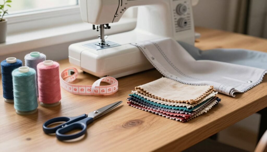 A tidy sewing workstation featuring essential sewing tools arranged neatly on a wooden table. In the foreground, there are colorful spools of thread, sharp scissors, a measuring tape, and a stack of fabric swatches in various textures and colors. The middle layer includes a sewing machine with a partially completed garment, showcasing intricate stitching. In the background, soft natural light filters through a window, illuminating the workspace and creating a warm, inviting atmosphere. The scene conveys a sense of creativity and readiness. The angle is slightly elevated to capture the entire setup, emphasizing organization and attention to detail.