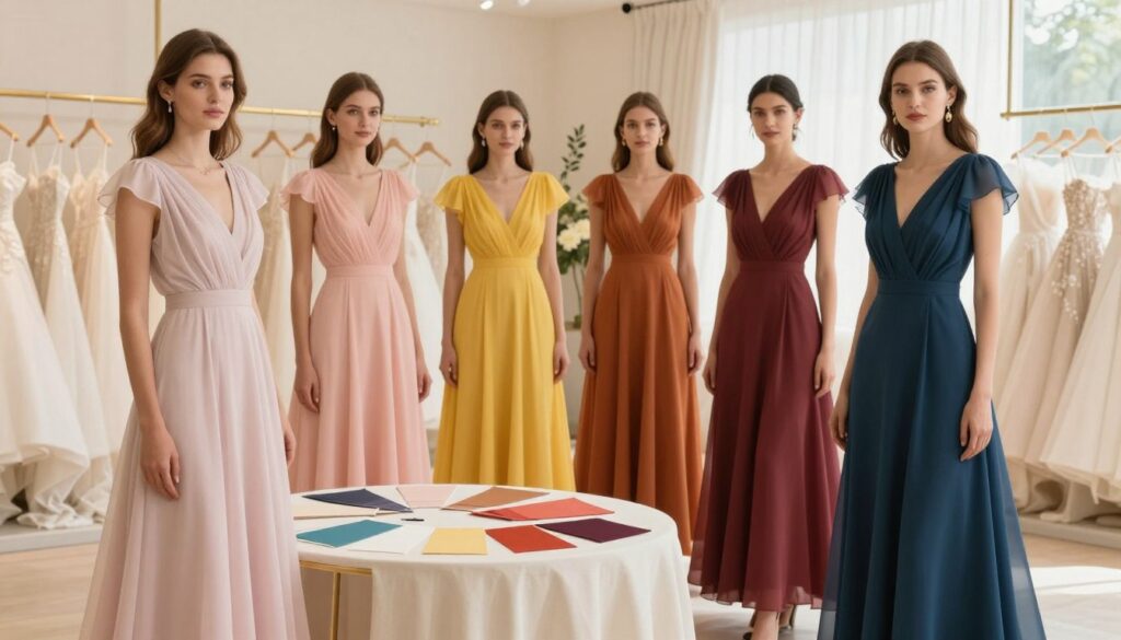 A vibrant and sophisticated scene that illustrates the concept of color selection for a wedding dress based on different beauty types: spring, summer, autumn, and winter. In the foreground, a female figure dressed in four elegant dresses, each representing one of the seasonal color palettes—soft pastels for spring, bright hues for summer, rich earth tones for autumn, and deep jewel tones for winter. The model should embody a professional appearance, with modest yet stylish attire and a graceful pose. In the middle ground, an elegant table set with fabric swatches of corresponding colors. In the background, a softly lit bridal boutique with flowing drapes and decorative flowers, creating a warm and inviting atmosphere touched by natural light. Capture this composition using a soft focus lens for an artistic effect.