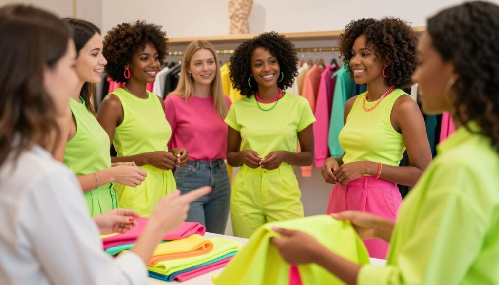 A vibrant and stylish scene showcasing a fashion consultant working with a diverse group of women of various skin tones and hair types, all dressed in chic, modest neon outfits. In the foreground, the consultant gestures towards a colorful assortment of neon fabrics, suggesting combinations for individual styles. The middle ground features the women interacting, with smiles and laughter, as they mix and match different neon accessories against a stylish wardrobe backdrop. The background hints at a trendy boutique with soft, warm lighting that highlights the vibrant neon colors, creating an inviting and fashionable atmosphere. The angle is dynamic, capturing both the excitement of the styling process and the appealing aesthetics of the neon garments. The overall mood is uplifting, empowering, and stylish, perfect for a fashion-centric article. A vibrant and stylish scene showcasing a fashion consultant working with a diverse group of women of various skin tones and hair types, all dressed in chic, modest neon outfits. In the foreground, the consultant gestures towards a colorful assortment of neon fabrics, suggesting combinations for individual styles. The middle ground features the women interacting, with smiles and laughter, as they mix and match different neon accessories against a stylish wardrobe backdrop. The background hints at a trendy boutique with soft, warm lighting that highlights the vibrant neon colors, creating an inviting and fashionable atmosphere. The angle is dynamic, capturing both the excitement of the styling process and the appealing aesthetics of the neon garments. The overall mood is uplifting, empowering, and stylish, perfect for a fashion-centric article.
