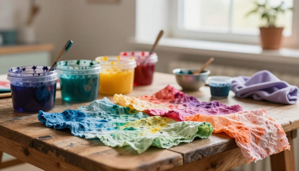 A vibrant, artistic composition showcasing “bibuła” (tissue paper) in a creative dyeing scenario. In the foreground, a variety of colored bibuła sheets cascade over a rustic wooden table, their delicate textures illuminated with soft, diffused lighting. In the middle, various containers filled with colorful dyes are artistically arranged, with splashes of vibrant color hinting at recent tie-dye activities. The background features a softly blurred, sunlit room with a window allowing natural light to filter in, creating a warm, inviting atmosphere. The overall mood is playful and inspiring, capturing the essence of creativity in fabric dyeing. The image should evoke a sense of artistic exploration without any text or markings.
