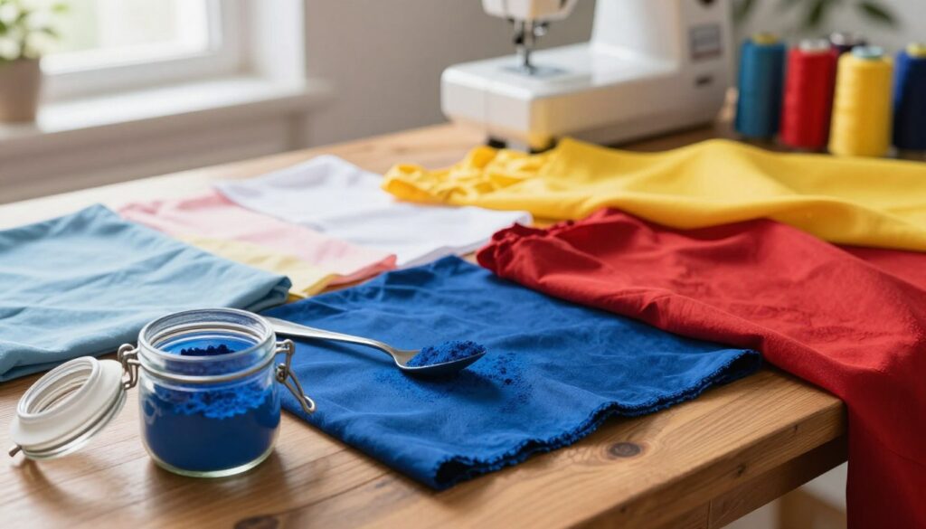 A vibrant, eye-catching display of various fabric dyes arranged artfully on a wooden table, showcasing an array of colors like deep blue, rich red, and bright yellow. In the foreground, a delicate glass jar with a lid partially open, revealing a spoonful of powder dye, glistening under warm lighting. The middle section of the image features swatches of fabric in soft white and pastel tones, hinting at potential transformations. In the background, a blurred sewing machine and colorful threads create a creative workshop ambiance. Soft, diffused natural light streams through a nearby window, enhancing the inviting atmosphere. The overall mood is inspiring and artistic, emphasizing the process of selecting and planning dye for a dress.