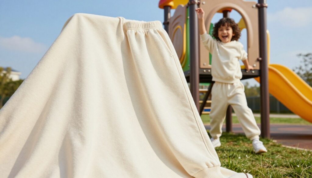 A vibrant outdoor scene showcasing a cotton fabric with a soft, textured look, placed prominently in the foreground. The cotton drapes gracefully over a stylish pair of sweatpants and a matching top, emphasizing comfort and modern fashion. In the middle ground, an enthusiastic child is playing on a bright playground structure, wearing the outfit, exuding joy and carefree energy. The background features a sunny day with a clear blue sky and green grass, creating a cheerful and inviting atmosphere. The lighting is warm and soft, casting gentle shadows that add depth to the scene, evoking a sense of everyday comfort from preschool to the playground. The composition is bright and lively, capturing the essence of modern casual wear.