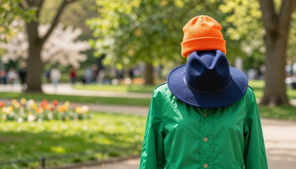 A vibrant outdoor scene showcasing a fashionable green jacket paired with stylish hats in contrasting colors. In the foreground, place a mannequin adorned with a sleek emerald green jacket, complemented by a bright orange beanie and a deep navy blue fedora, emphasizing the concept of contrast. The middle ground should feature a soft-focus backdrop of a serene park with lush greenery and blooming flowers, dappled sunlight filtering through the trees. The mood is lively and inviting, reflecting a fresh, trendy vibe. Capture this in natural lighting to enhance the colors, using a wide-angle lens to create depth and draw attention to the stylish accessories. Aim for a warm, cheerful atmosphere that highlights the fashion choices effectively.