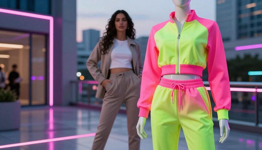 A vibrant two-piece and three-piece women's neon tracksuit set displayed on a sleek mannequin in a stylish urban environment. The foreground features a bold, bright pink and electric green ensemble that combines a fitted cropped jacket and high-waisted joggers, designed for comfort and style. In the middle, a fashionable model in modest casual attire poses confidently, showcasing the versatility of the outfits. The background is a modern cityscape at dusk, with neon lights reflecting off smooth surfaces, creating an energetic and trendy atmosphere. Soft, diffused lighting highlights the colors of the clothing, and a shallow depth of field focuses on the outfits while blurring the city backdrop, inviting the viewer to imagine the lifestyle of wearing such chic ensembles. A vibrant two-piece and three-piece women's neon tracksuit set displayed on a sleek mannequin in a stylish urban environment. The foreground features a bold, bright pink and electric green ensemble that combines a fitted cropped jacket and high-waisted joggers, designed for comfort and style. In the middle, a fashionable model in modest casual attire poses confidently, showcasing the versatility of the outfits. The background is a modern cityscape at dusk, with neon lights reflecting off smooth surfaces, creating an energetic and trendy atmosphere. Soft, diffused lighting highlights the colors of the clothing, and a shallow depth of field focuses on the outfits while blurring the city backdrop, inviting the viewer to imagine the lifestyle of wearing such chic ensembles.