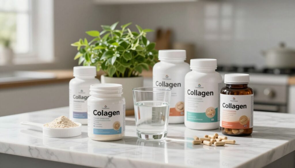A visually rich and informative arrangement of various collagen supplements displayed on a sleek marble countertop. Foreground features an open container of collagen powder, a clear glass of refreshing liquid with a scoop beside it, and neatly arranged capsules and tablets in their respective bottles. In the middle, a vibrant green plant adds a touch of natural beauty while emphasizing wellness. The background is softly blurred, showcasing a bright, inviting kitchen setting with natural sunlight pouring in through a window, casting gentle shadows. The overall mood is one of health, vitality, and professionalism, inviting viewers to explore the different forms of collagen supplements available. The image should be captured with a shallow depth of field to highlight the products.