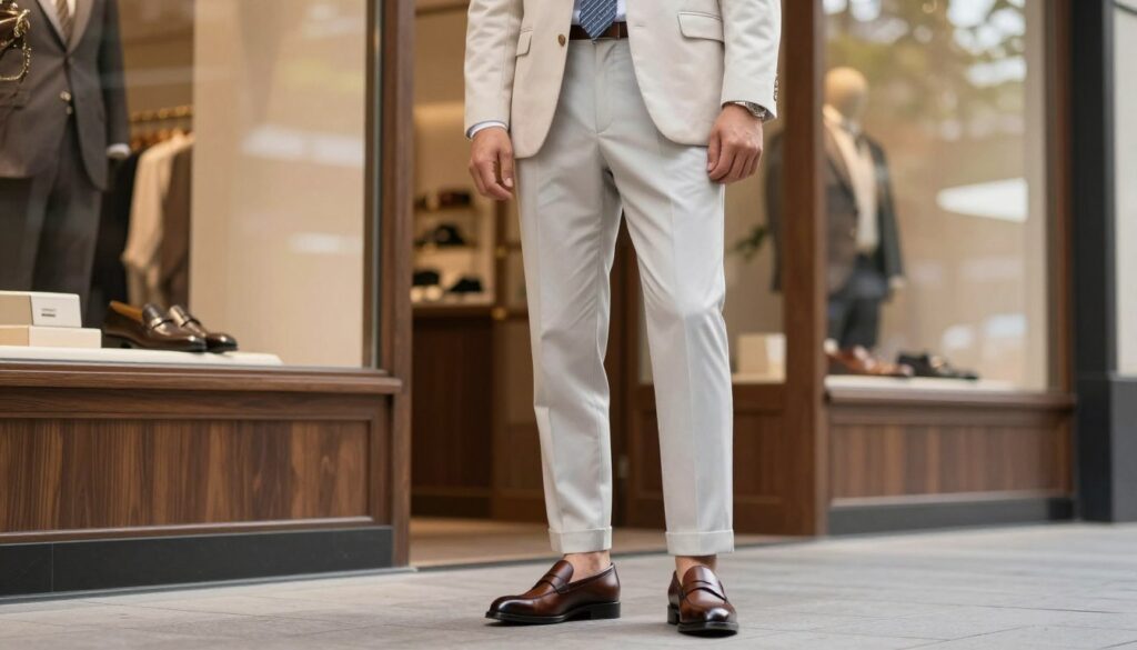 A well-dressed man in a light-colored suit featuring shades of beige, ecru, light gray, and light blue, stands confidently in a modern, stylish setting. In the foreground, he wears carefully coordinated shoes that complement his suit, showcasing options like classic leather oxfords and more adventurous loafers. The middle ground reveals a softly blurred chic storefront with polished wooden accents and light fabric drapes, creating a refined atmosphere. The background features soft lighting with natural sunlight filtering in through large windows, giving the scene a warm, inviting glow. The image conveys a sense of elegance and sophistication, perfect for showcasing footwear choices that pair seamlessly with light suits. The angle is slightly low, emphasizing the man's confident stance and the details of his outfit. A well-dressed man in a light-colored suit featuring shades of beige, ecru, light gray, and light blue, stands confidently in a modern, stylish setting. In the foreground, he wears carefully coordinated shoes that complement his suit, showcasing options like classic leather oxfords and more adventurous loafers. The middle ground reveals a softly blurred chic storefront with polished wooden accents and light fabric drapes, creating a refined atmosphere. The background features soft lighting with natural sunlight filtering in through large windows, giving the scene a warm, inviting glow. The image conveys a sense of elegance and sophistication, perfect for showcasing footwear choices that pair seamlessly with light suits. The angle is slightly low, emphasizing the man's confident stance and the details of his outfit.