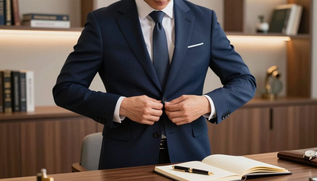 A well-dressed professional man in a fitted navy blazer, standing in an elegant office setting. He is demonstrating the proper way to fasten a blazer while looking confident and poised. In the foreground, focus on his hands as they adjust the blazer buttons, revealing meticulous attention to detail. In the middle ground, show a tasteful wooden desk with a stylish pen, an open notebook, and a classic watch. The background features a softly lit, modern office with shelves holding books and decor. The overall mood is sophisticated and polished, with warm lighting creating an inviting atmosphere. Capture the scene from a slightly elevated angle to emphasize the action of adjusting the blazer while maintaining a professional appearance.