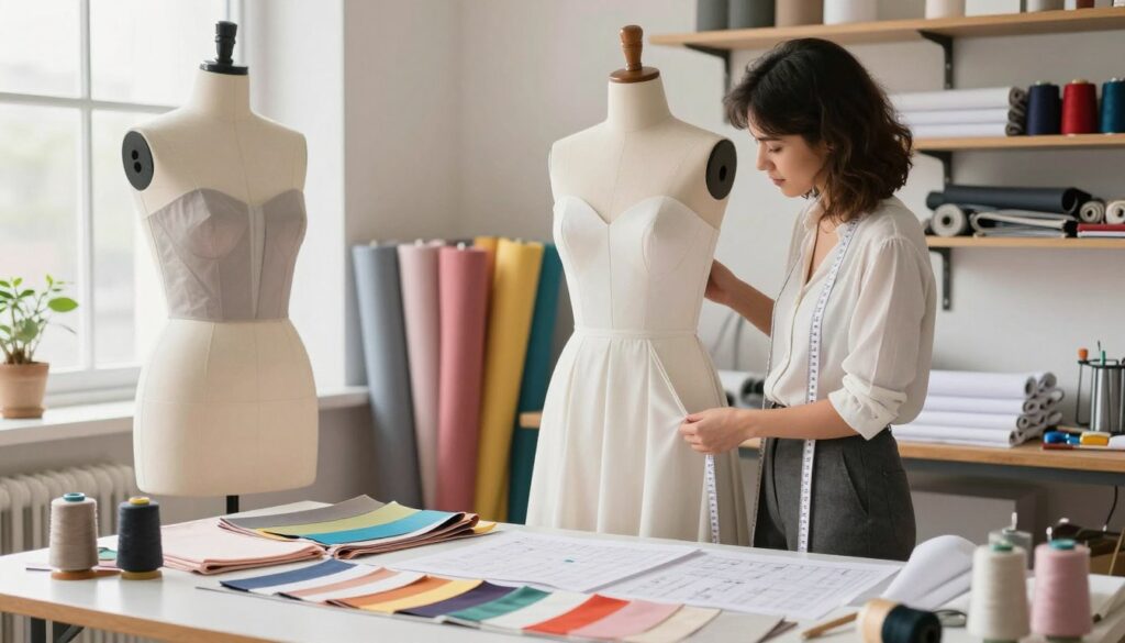 A well-lit sewing studio scene showcasing a focused designer at a work table, surrounded by various fabric swatches and sewing tools. In the foreground, a partially finished dress hangs on a dress form, highlighting the transformed bodice with elegant, tailored details. The designer, dressed in professional but casual attire, examines the fit of the dress with measuring tape in hand. The middle ground features a vibrant array of fabric rolls, and the background includes shelves filled with sewing patterns and threads, creating an inviting and creative atmosphere. Soft, natural lighting streaming through a window enhances the warm, inspiring mood of the space, emphasizing the meticulous process of altering a dress top. A well-lit sewing studio scene showcasing a focused designer at a work table, surrounded by various fabric swatches and sewing tools. In the foreground, a partially finished dress hangs on a dress form, highlighting the transformed bodice with elegant, tailored details. The designer, dressed in professional but casual attire, examines the fit of the dress with measuring tape in hand. The middle ground features a vibrant array of fabric rolls, and the background includes shelves filled with sewing patterns and threads, creating an inviting and creative atmosphere. Soft, natural lighting streaming through a window enhances the warm, inspiring mood of the space, emphasizing the meticulous process of altering a dress top.