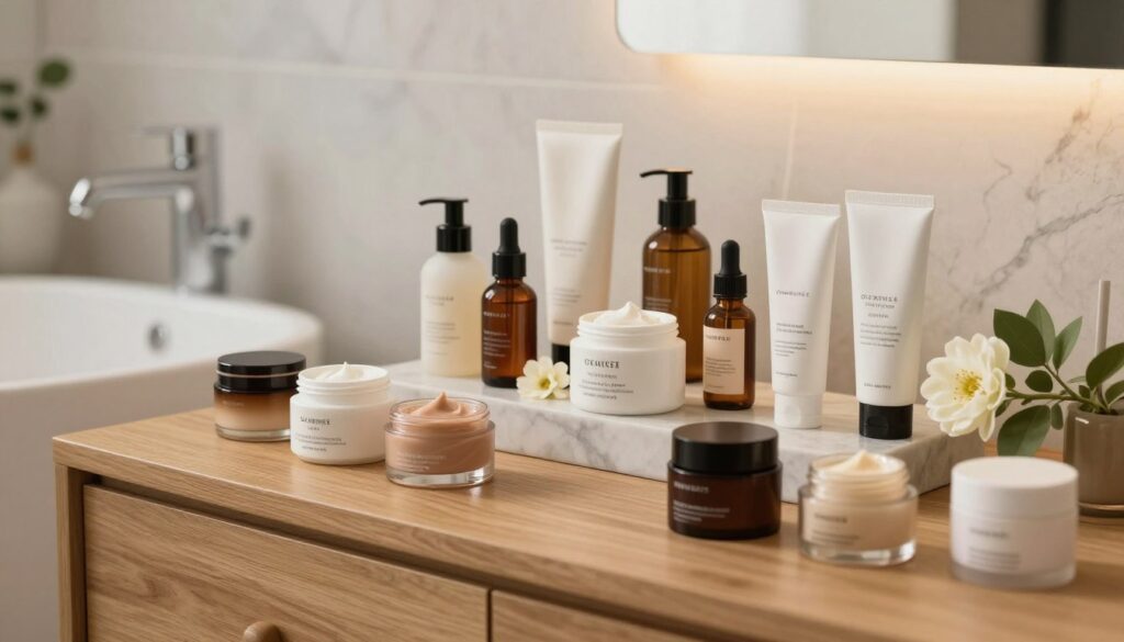 A well-organized skincare display featuring an array of luxurious creams and dermocosmetics. In the foreground, a wooden vanity table showcases elegantly designed jars of various textures and colors, some open to reveal their rich, creamy contents. In the middle, a beautifully arranged selection of skincare products is complemented by natural elements like delicate flowers and green leaves. In the background, soft, diffused lighting casts a warm glow, enhancing the serene atmosphere. The setting suggests a modern, minimalist bathroom with hints of marble and subtle decor. The overall mood is peaceful and inviting, emphasizing the importance of skincare options for deep wrinkle treatment, while highlighting the quality and effectiveness of the products.