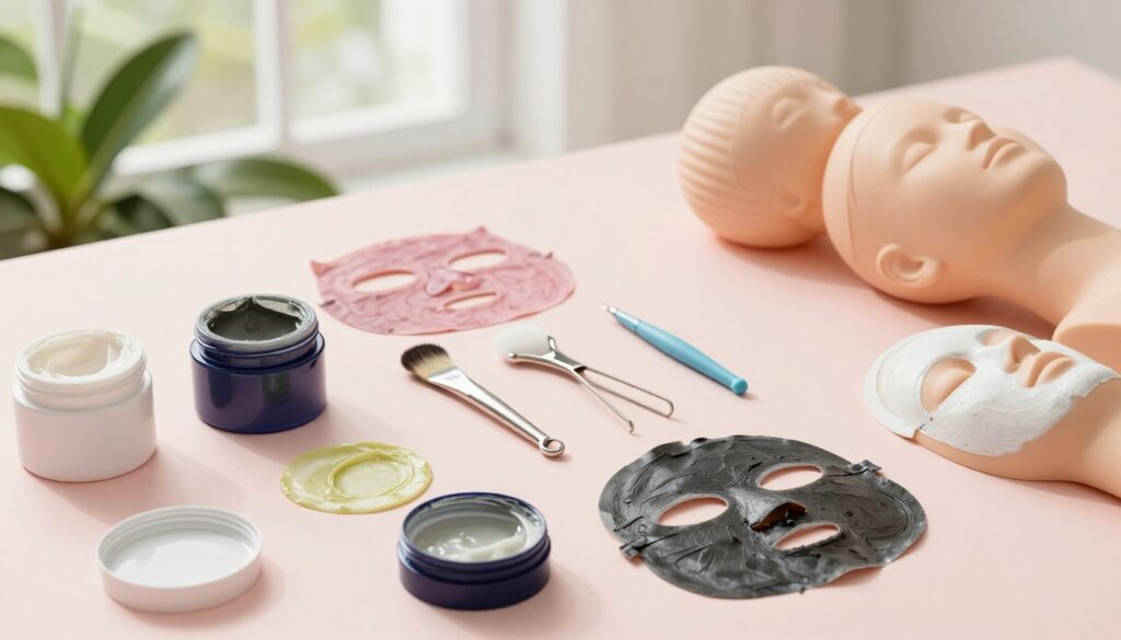 An aesthetically pleasing flat lay composition featuring an assortment of blackhead removal masks laid out on a soft pastel background. In the foreground, there's a variety of colorful clay and peel-off masks in opened jars, with some masks applied to smooth, healthy skin on a set of mannequin faces. In the middle, neatly arranged skincare tools, such as a comedone extractor and a small brush, enhance the DIY theme. In the background, blurred greenery and soft natural light filtering through a window create a serene, hygienic atmosphere. The mood is fresh and inviting, emphasizing natural beauty and self-care rituals. The angle is slightly overhead, capturing the layout in a visually appealing and organized manner. An aesthetically pleasing flat lay composition featuring an assortment of blackhead removal masks laid out on a soft pastel background. In the foreground, there's a variety of colorful clay and peel-off masks in opened jars, with some masks applied to smooth, healthy skin on a set of mannequin faces. In the middle, neatly arranged skincare tools, such as a comedone extractor and a small brush, enhance the DIY theme. In the background, blurred greenery and soft natural light filtering through a window create a serene, hygienic atmosphere. The mood is fresh and inviting, emphasizing natural beauty and self-care rituals. The angle is slightly overhead, capturing the layout in a visually appealing and organized manner.