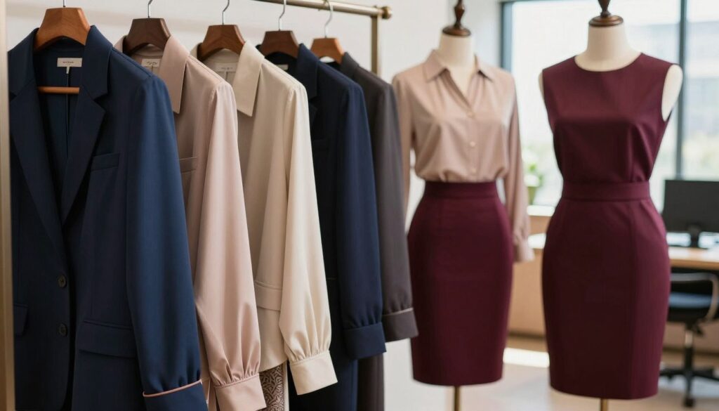 An elegant display of various fabrics arranged harmoniously to illustrate versatility and comfort suitable for office wear and after-work outings. In the foreground, close-up shots of luxurious materials like soft silk, cotton, and stretchy blends, showcasing their textures and colors—deep navy, soft beige, and rich burgundy, with intricate patterns subtly highlighted. In the middle ground, draped blouses and pencil skirts made from these materials are neatly hung on hangers or displayed on mannequins, emphasizing their professional appeal. The background softly blurred, featuring a tastefully designed office space with warm, natural lighting filtering through large windows, creating an inviting and stylish ambiance. The overall mood is sophisticated and serene, perfect for all-day wear.