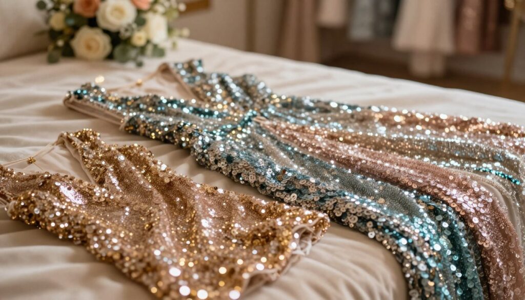 An elegant scene showcasing various colors of sequins arranged artistically on a soft, luxurious fabric backdrop. In the foreground, shimmering sequins in shades of gold, silver, rose, and teal are beautifully displayed, reflecting light in different angles. The middle layer features a graceful dress adorned with sequins, draped artfully to highlight its texture and blend harmoniously with the sequins below. Soft, ambient lighting bathes the entire composition, creating a warm and inviting atmosphere. In the background, slightly blurred, are blurred floral arrangements and muted wedding decorations, enhancing the celebratory mood without being overpowering. The overall image invokes a sense of timeless elegance and inspiration for choosing the perfect sequin color, suitable for a wedding setting.