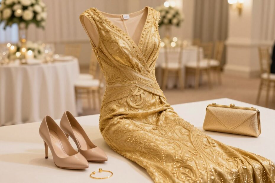 Złota sukienka na wesele jakie dodatki