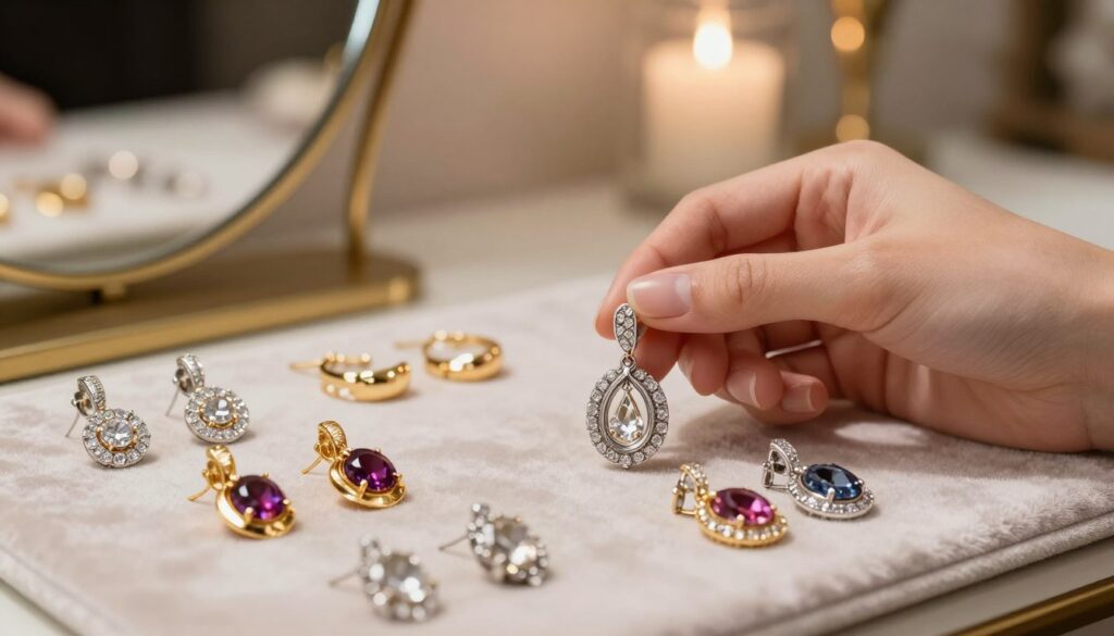 A beautiful array of elegant earrings, showcasing intricate designs made from various materials like gold, silver, and precious gemstones. The foreground features a close-up of several pairs of statement pieces, including a pair with sparkling diamonds and another with colorful gemstones, expertly arranged on a soft velvet backdrop. In the middle, a delicate hand is gently holding one of the earrings, showcasing the craftsmanship and detailing. The background is softly blurred, hinting at a chic dressing table with soft, warm lighting that creates a cozy atmosphere, enhancing the luxurious feel of the jewelry. The overall mood is sophisticated and inviting, perfect for highlighting the care and maintenance of beloved accessories. A beautiful array of elegant earrings, showcasing intricate designs made from various materials like gold, silver, and precious gemstones. The foreground features a close-up of several pairs of statement pieces, including a pair with sparkling diamonds and another with colorful gemstones, expertly arranged on a soft velvet backdrop. In the middle, a delicate hand is gently holding one of the earrings, showcasing the craftsmanship and detailing. The background is softly blurred, hinting at a chic dressing table with soft, warm lighting that creates a cozy atmosphere, enhancing the luxurious feel of the jewelry. The overall mood is sophisticated and inviting, perfect for highlighting the care and maintenance of beloved accessories.