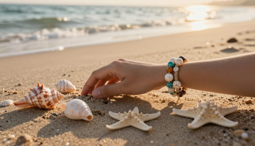 A beautiful beach scene featuring an array of decorative seashells in a bohemian-style bracelet design. In the foreground, there are intricately arranged shells, including cowries, conchs, and starfish, showcasing their unique patterns and colors. The middle ground displays a stylish hand wearing the bracelet, adorned with other natural elements like colorful beads and twine. In the background, soft ocean waves lap gently at the shore under a warm golden hour light, casting long shadows and creating a calming ambiance. The overall mood is serene and artistic, highlighting the connection to beach life and handmade jewelry. The composition emphasizes the textures of the shells and the elegance of the jewelry piece in a natural setting. A beautiful beach scene featuring an array of decorative seashells in a bohemian-style bracelet design. In the foreground, there are intricately arranged shells, including cowries, conchs, and starfish, showcasing their unique patterns and colors. The middle ground displays a stylish hand wearing the bracelet, adorned with other natural elements like colorful beads and twine. In the background, soft ocean waves lap gently at the shore under a warm golden hour light, casting long shadows and creating a calming ambiance. The overall mood is serene and artistic, highlighting the connection to beach life and handmade jewelry. The composition emphasizes the textures of the shells and the elegance of the jewelry piece in a natural setting.