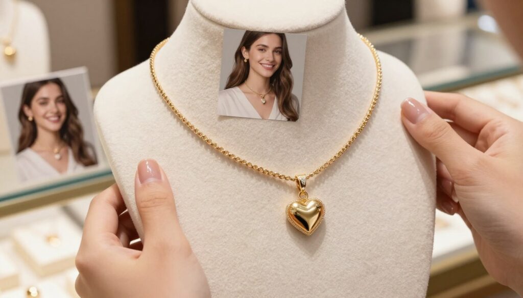 A beautiful choker with a heart pendant elegantly displayed on a soft, light-colored fabric. In the foreground, there's a pair of hands delicately holding the choker, showcasing its intricate design and craftsmanship. The hands appear well-groomed, possibly with subtle nail polish. In the middle ground, small, blurred images of happy women wearing the same choker in various styles enhance the theme of customer testimonials. The background features a softly lit, stylish jewelry display, enhancing the luxurious feel of the scene. A warm and inviting ambiance is created through gentle, diffused lighting, evoking a sense of romance and elegance, perfect for both casual and evening wear. A beautiful choker with a heart pendant elegantly displayed on a soft, light-colored fabric. In the foreground, there's a pair of hands delicately holding the choker, showcasing its intricate design and craftsmanship. The hands appear well-groomed, possibly with subtle nail polish. In the middle ground, small, blurred images of happy women wearing the same choker in various styles enhance the theme of customer testimonials. The background features a softly lit, stylish jewelry display, enhancing the luxurious feel of the scene. A warm and inviting ambiance is created through gentle, diffused lighting, evoking a sense of romance and elegance, perfect for both casual and evening wear.