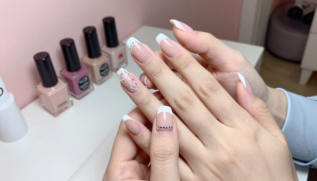 A beautifully arranged close-up of modern French manicure nails, showcasing an elegant design with delicate embellishments like tiny gemstones and intricate patterns. The nails are well-groomed with a chic, glossy finish, featuring a classic white tip contrasted by a soft nude base. The setting includes a minimalistic, light-infused beauty salon backdrop with soft pastel colors to enhance the sophisticated atmosphere. The lighting should be soft and diffused, creating a warm and inviting mood. A skilled nail technician, dressed in smart casual attire, gently holds one hand while showcasing the manicure, with instruments and nail polish bottles artfully arranged in the background. The image captures the essence of contemporary elegance in nail artistry. A beautifully arranged close-up of modern French manicure nails, showcasing an elegant design with delicate embellishments like tiny gemstones and intricate patterns. The nails are well-groomed with a chic, glossy finish, featuring a classic white tip contrasted by a soft nude base. The setting includes a minimalistic, light-infused beauty salon backdrop with soft pastel colors to enhance the sophisticated atmosphere. The lighting should be soft and diffused, creating a warm and inviting mood. A skilled nail technician, dressed in smart casual attire, gently holds one hand while showcasing the manicure, with instruments and nail polish bottles artfully arranged in the background. The image captures the essence of contemporary elegance in nail artistry.