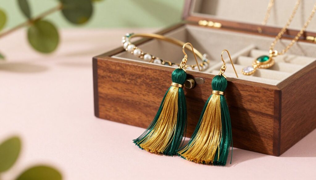 A beautifully arranged collection of statement jewelry pieces featuring intricately designed tassel earrings by Polish designers. The foreground highlights a pair of elegant, colorful tassel earrings made from fine silk threads in shades of emerald green and gold. They shimmer gently under soft, diffused lighting, casting subtle shadows that enhance their texture. In the middle ground, a polished wooden jewelry box adds warmth, showcasing additional pieces like bracelets and necklaces adorned with delicate gemstones. The background is softly blurred, featuring a natural setting with greenery and soft pastel hues, creating a serene, sophisticated atmosphere. The entire scene radiates a sense of modern elegance and artistic craftsmanship, inviting the viewer into the world of contemporary Polish jewelry design. A beautifully arranged collection of statement jewelry pieces featuring intricately designed tassel earrings by Polish designers. The foreground highlights a pair of elegant, colorful tassel earrings made from fine silk threads in shades of emerald green and gold. They shimmer gently under soft, diffused lighting, casting subtle shadows that enhance their texture. In the middle ground, a polished wooden jewelry box adds warmth, showcasing additional pieces like bracelets and necklaces adorned with delicate gemstones. The background is softly blurred, featuring a natural setting with greenery and soft pastel hues, creating a serene, sophisticated atmosphere. The entire scene radiates a sense of modern elegance and artistic craftsmanship, inviting the viewer into the world of contemporary Polish jewelry design.